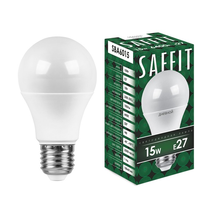 Лампа светодиодная SAFFIT SBA6015, A60, E27, 15 Вт, 230 В, 6400 К, 1500 Лм, 220°, 118х60 мм
Лампа светодиодная SAFFIT SBA6015, A60, E27, 15 Вт, 230 В, 6400 К, 1500 Лм, 220°, 118х60 мм