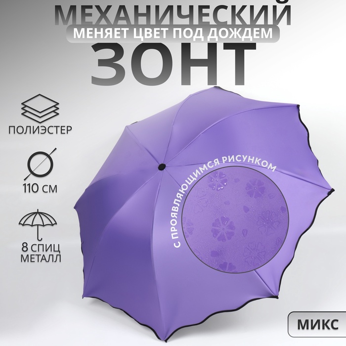 Зонт механический «Juicy», с проявляющимся рисунком, 4 сложения, 8 спиц, R = 46/55 см, D = 110 см, цвет МИКС
Зонт механический «Juicy», с проявляющимся рисунком, 4 сложения, 8 спиц, R = 46/55 см, D = 110 см, цвет МИКС