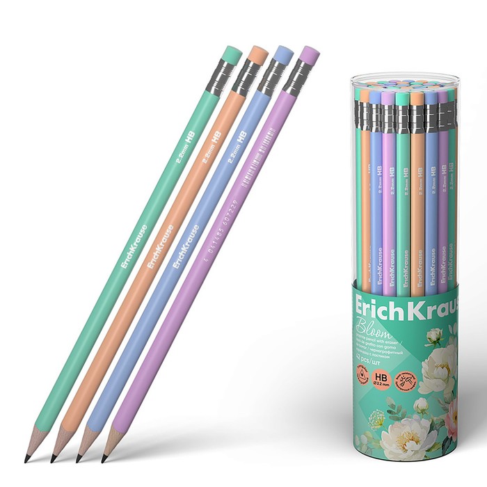 Карандаш чернографитный с ластиком ErichKrause "Pastel Bloom", НВ, грифель d=2,2 мм, дерево, трехгранный в тубусе, микс
Карандаш чернографитный с ластиком ErichKrause "Pastel Bloom", НВ, грифель d=2,2 мм, дерево, трехгранный в тубусе, микс