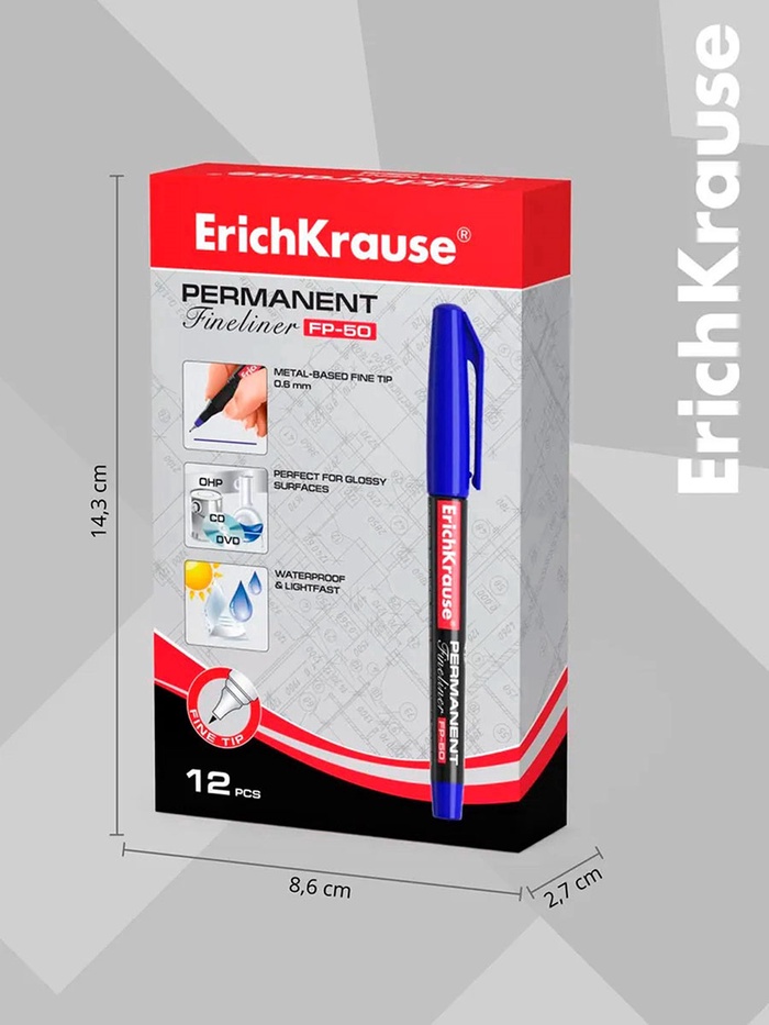 Маркер - лайнер перманентный ErichKrause FP-50, 0.6 мм, чернила на спиртовой основе, светостойкие и водостойкие, для любых поверхностей, синий
Маркер - лайнер перманентный ErichKrause FP-50, 0.6 мм, чернила на спиртовой основе, светостойкие и водостойкие, для любых поверхностей, синий