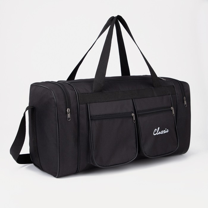 Сумка спортивная на молнии, 4 наружных кармана, длинный ремень, средний размер, цвет чёрный - Фото 1