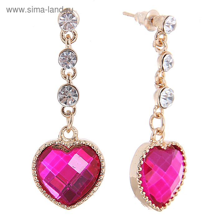 Серьги со стразами «Сердце», цвет бело-малиновый в золоте - Фото 1