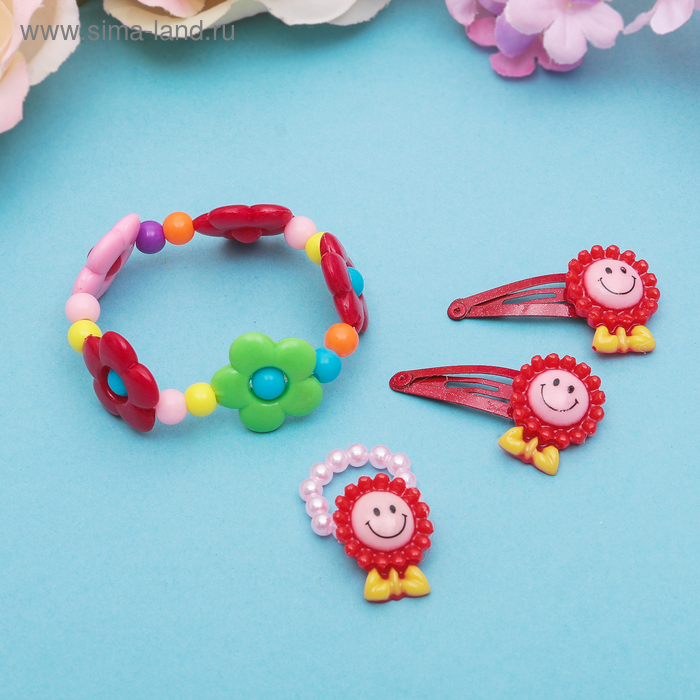 Набор детский "Выбражулька" 4 предмета: 2 заколки, браслет, кольцо "Цветы и мишки", цвет МИКС, форма МИКС - Фото 1