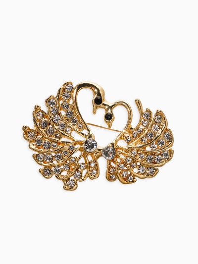 Брошь «Лебединая пара», белая в золоте