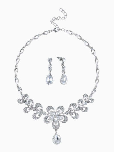 Набор 2 предмета: серьги, колье, цветок, белый в серебре, 45 см