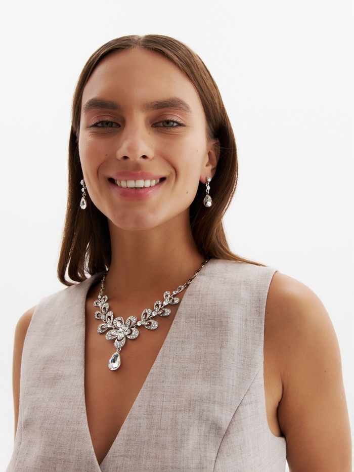 Набор 2 предмета: серьги, колье, цветок, белый в серебре, 45 см - Фото 1