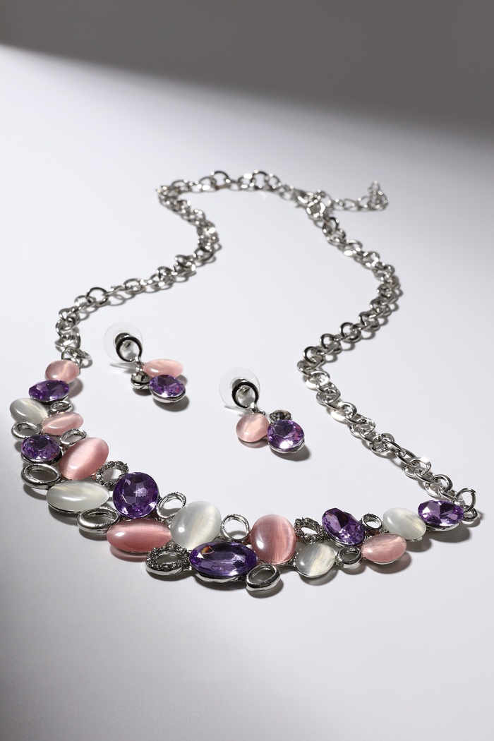 Набор 2 предмета: серьги, колье «Листочки», цвет розовый в серебре, 40 см - Фото 1