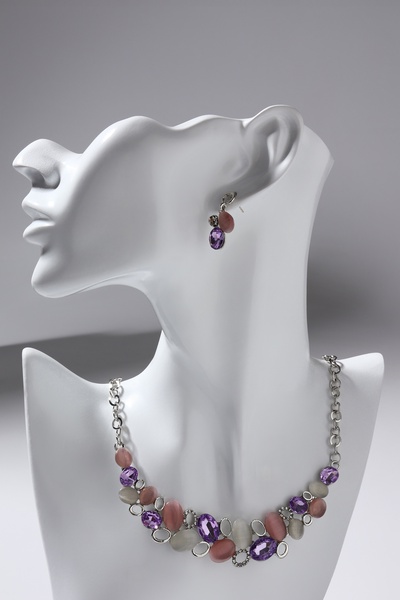 Набор 2 предмета: серьги, колье «Листочки», цвет розовый в серебре, 40 см