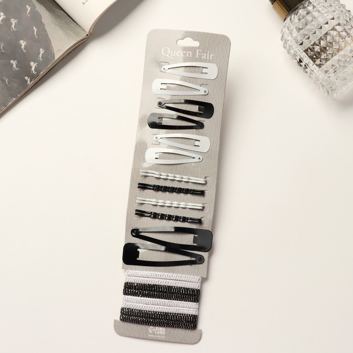 Набор для волос QF «Классика», 6 шт.: 4.5 см, 8 шт.: 6 см, 2 шт.: 6.5 см, 8 резинок, чёрно-белый - Фото 1