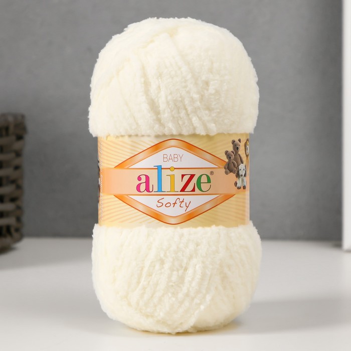 Плюшевая пряжа для вязания спицами, крючком ALIZE, Softy, 100% микрополиэстер, 115 м/50 г, (62 молочный) - Фото 1