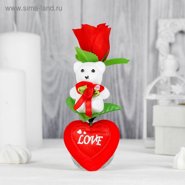Декор-украшение для букетов "Мишка на сердечке с цветком" - Фото 1