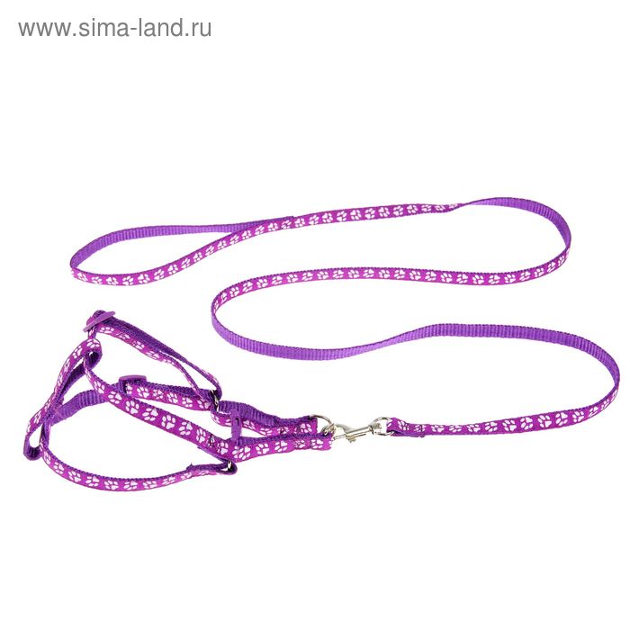 Комплект прошитый "Лапки", ширина 1 см, поводок 120 см, шлейка 26-41 см, фиолетовый - Фото 1
