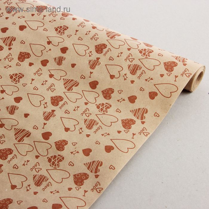 Бумага упаковочная крафт "Сердечки", коричневый, 84 см х 8 м - Фото 1