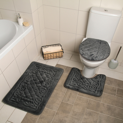 Набор ковриков для ванной и туалета Доляна «Узор», 3 шт: 38×43, 40×50, 50×80 см, цвет серый