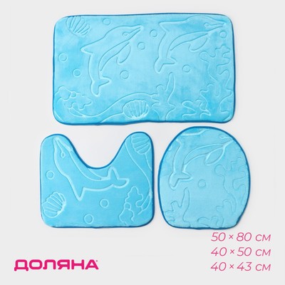 Набор ковриков для ванной и туалета Доляна «Дельфины», 3 шт, 39×43 см, 40×50 см, 50×80 см, цвет МИКС