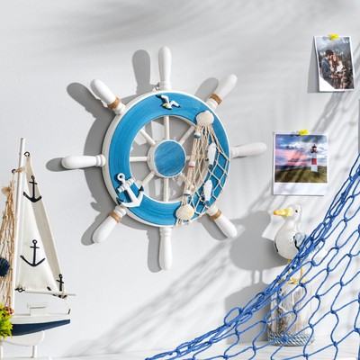 Декор настенный, панно «Штурвал с сеткой», бело-синий, 32×32×2 см