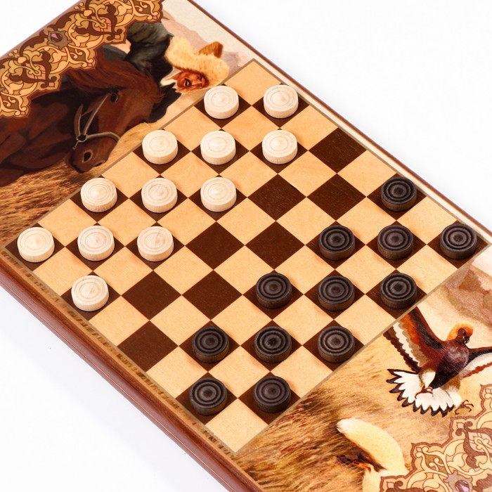 Нарды "Охота с беркутом", деревянная доска 60 х 60 см, с полем для игры в шашки - фото 1905355759