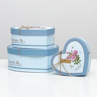 Набор подарочных коробок 3 в 1 сердца «Розы» голубой, 21×19×9 - 15.5×14×6 см