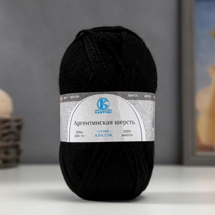 Пряжа для вязания спицами, крючком «Камтекс. Аргентинская шерсть», 100% импортная полутонкая шерсть 200 м/100 г, (003 чёрный) - Фото 1
