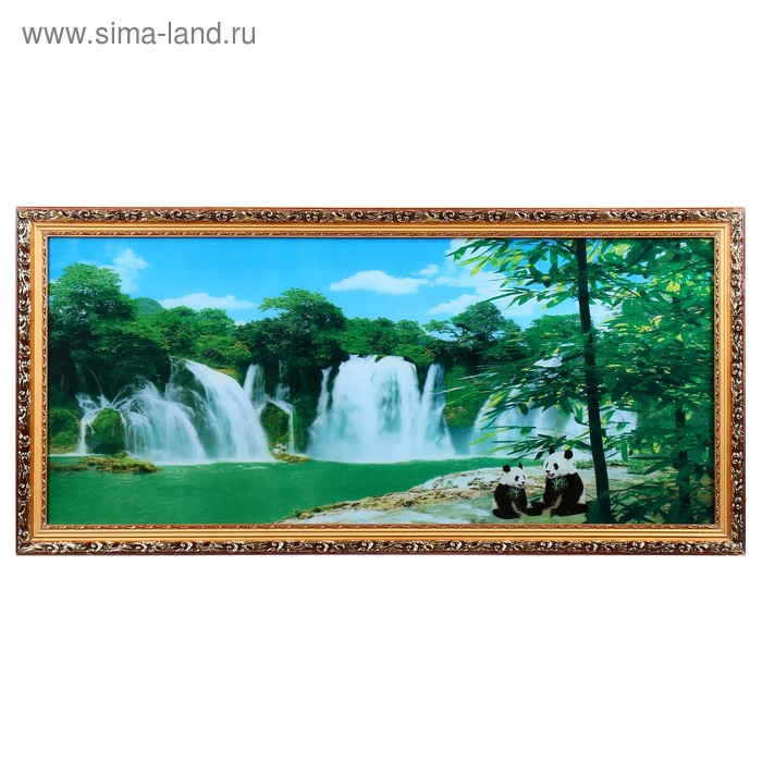 Картина  с подсветкой в рамке "Панды" 96х46 см (звук природы, эффект водопада) - Фото 1