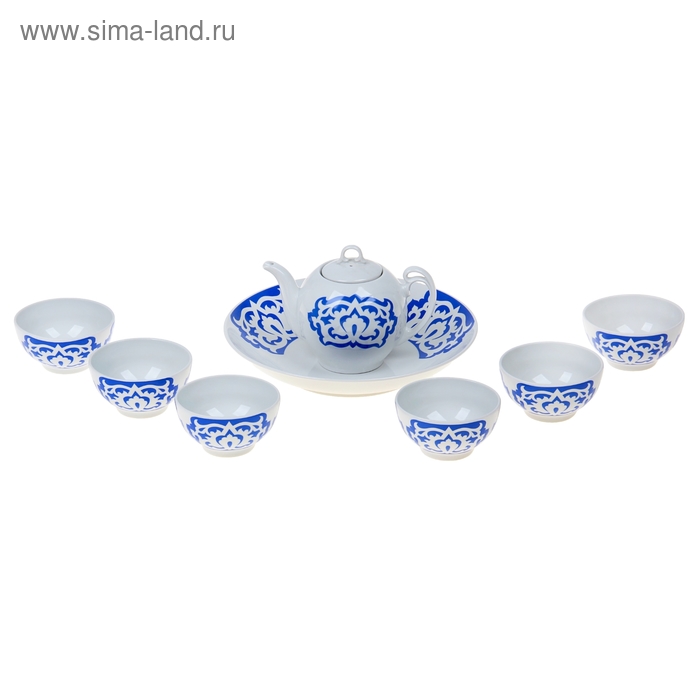 Набор чайный "Восточный. Азия", 8 предметов: чайник 700 мл, сухарница d=27 см 1,3 л, 6 пиал 250 мл, цвет синий - Фото 1
