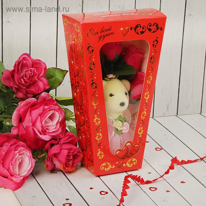 Мишка с розами в коробке "От всей души" 5 розовых роз - Фото 1