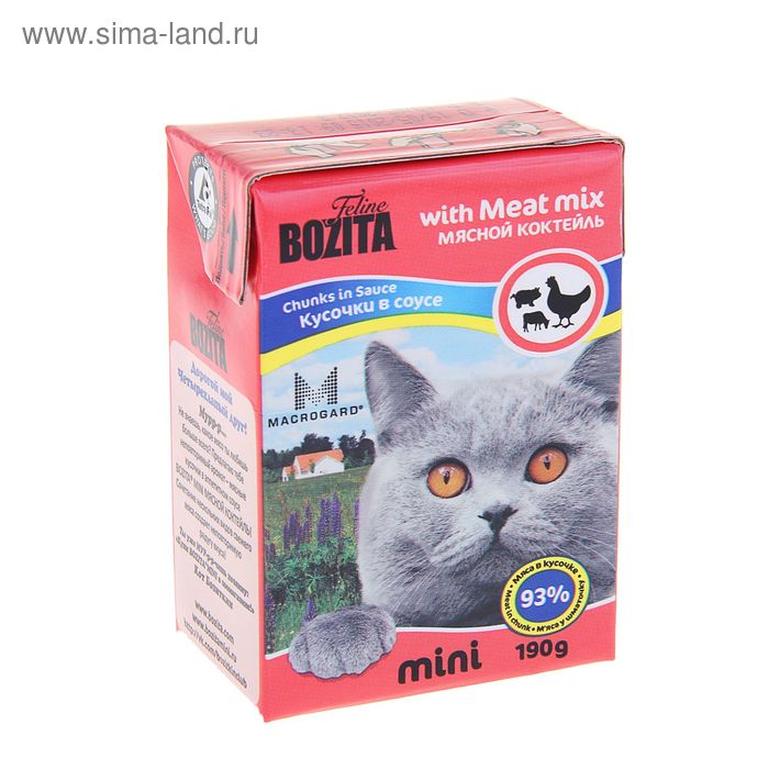 Влажный корм BOZITA Feline MINI для кошек, мясной микс, кусочки в соусе, 190 г - Фото 1