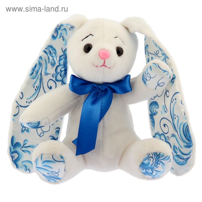 Мягкая игрушка Зая "Сине-белые узоры" с бантиком16 см - Фото 1