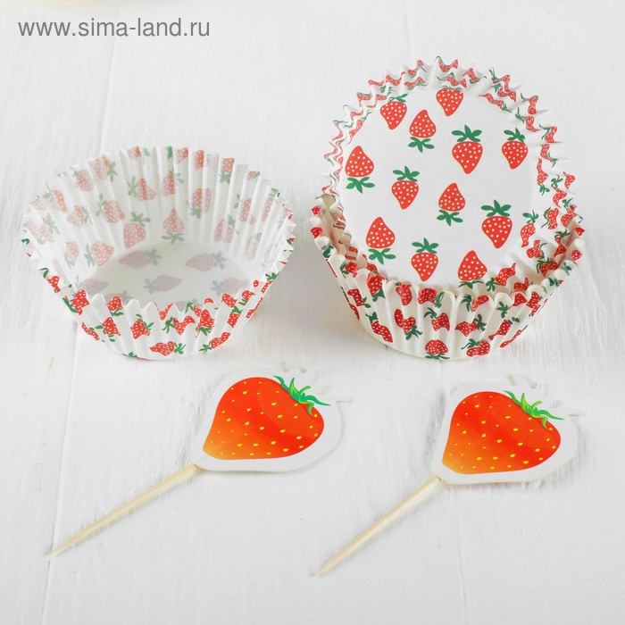 Украшение для кексов «Клубничка», набор: 24 пики, 24 формочки - Фото 1