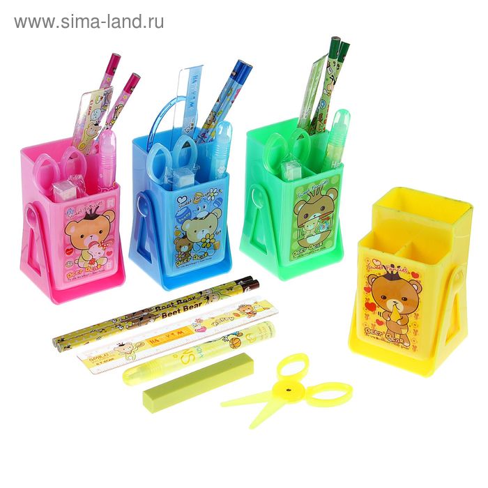 Набор настольный, детский, «Мишки» 7 предметов: 2 карандаша, линейка, ножницы, клей, ластик, подставка, МИКС - Фото 1