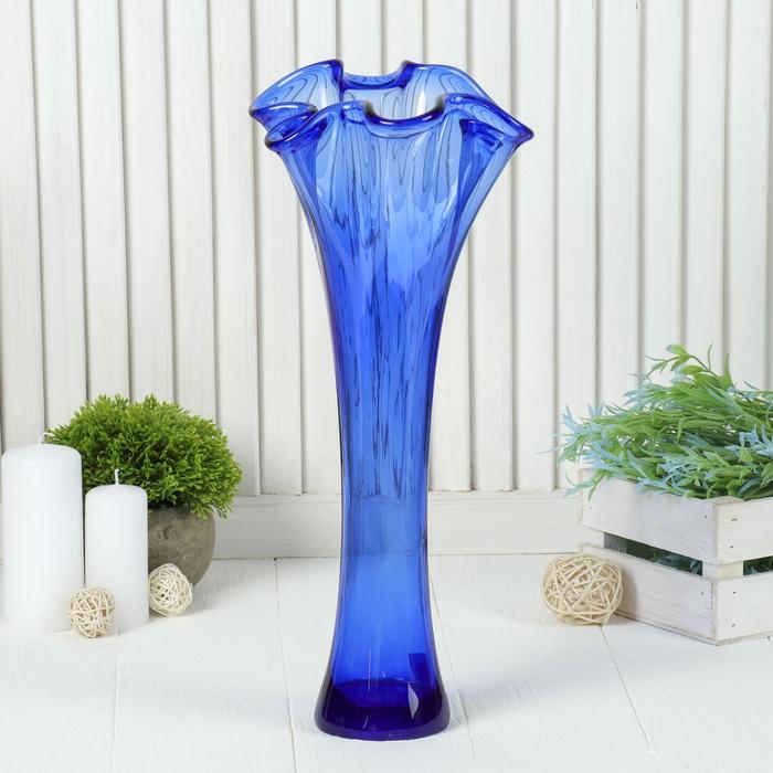ваза "Волна" h 400 мм. из синего стекла (без декора) - фото 1906806648