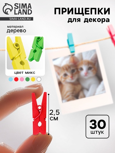 Прищепки деревянные для декора 2.5 см, набор 30 шт.