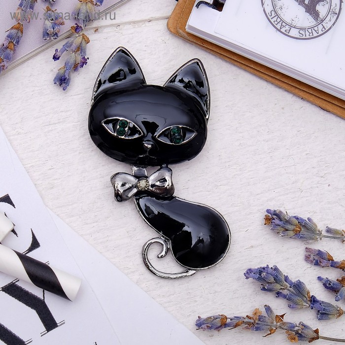 Брошь «Кошка-мур» цвет чёрный в сером металле - Фото 1