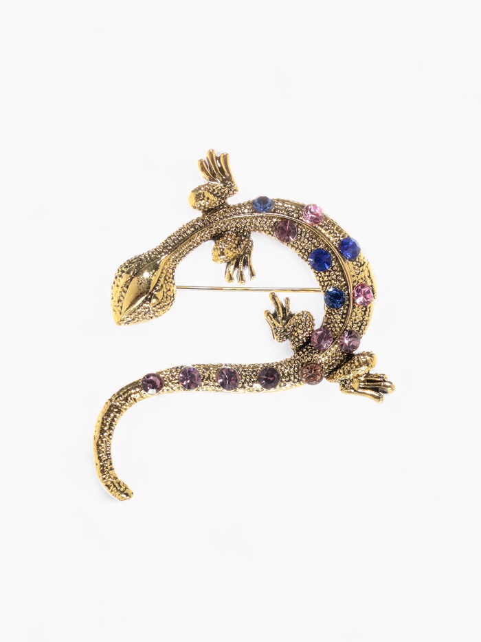 Брошь «Ящерица в стразах» цветная в чернёном золоте - Фото 1