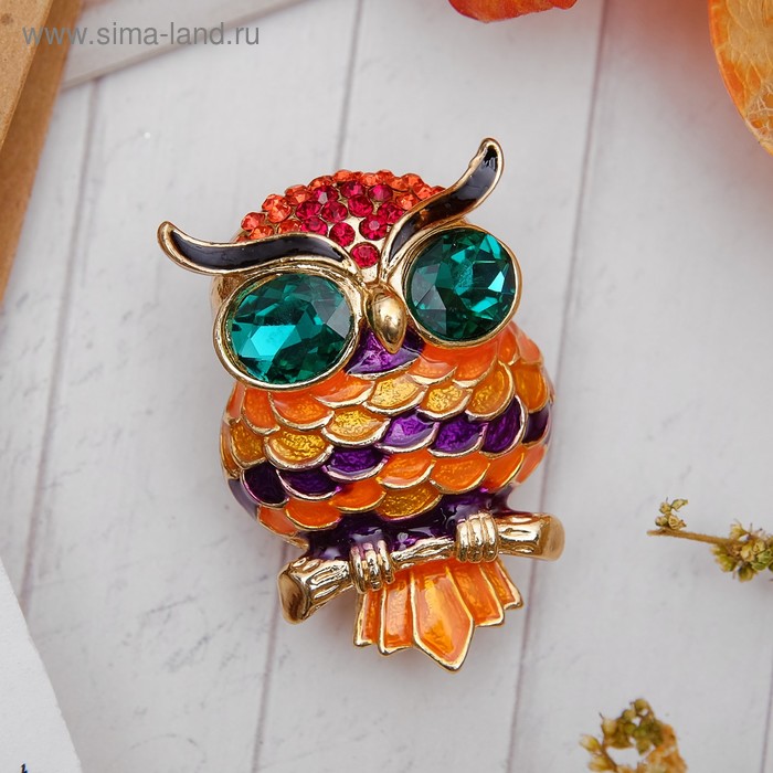Брошь «Сова», цветная в золоте - Фото 1