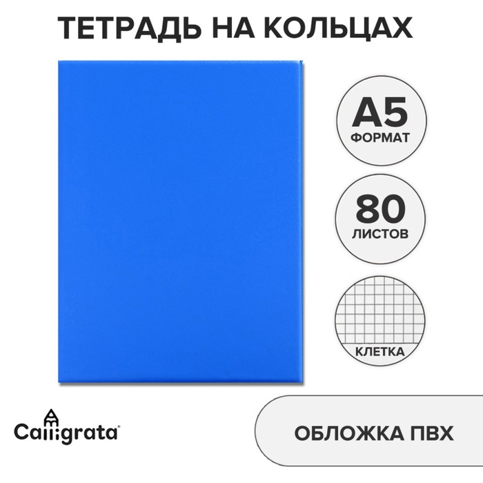 Тетрадь на кольцах А5, 80 листов клетка, обложка ПВХ синяя - Фото 1