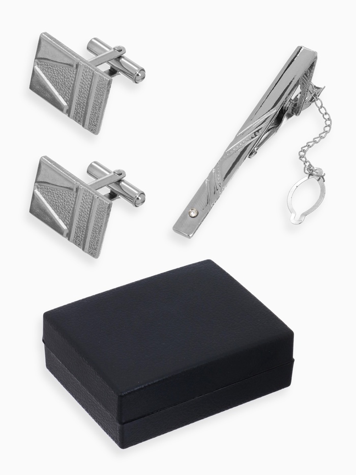 Набор мужской медный «Запонки + Зажим для галстука» резьба, цвет серебро - Фото 1