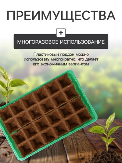 Набор для рассады: торфяная кассета, 24 ячейки по 50 мл, поддон 31 × 20 см, зелёный, пластик, Экоторф