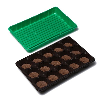 Набор для рассады: торфяная таблетка d=5.5 см, 15 шт., кассета на 15 ячеек по 150 мл, поддон 36×23 см, зелёный, пластик, Экоторф