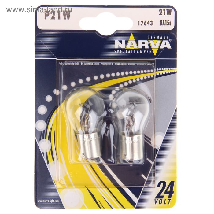 Лампа автомобильная Narva Stop lamps, P21W, 24 В, 21 Вт, набор 2 шт - Фото 1