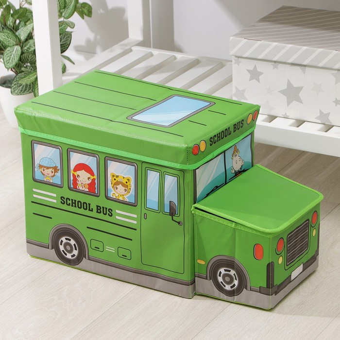 Короб стеллажный для хранения с крышкой Доляна «Школьный автобус», 55×26×32 см, 2 отделения, цвет зелёный - фото 1884732653