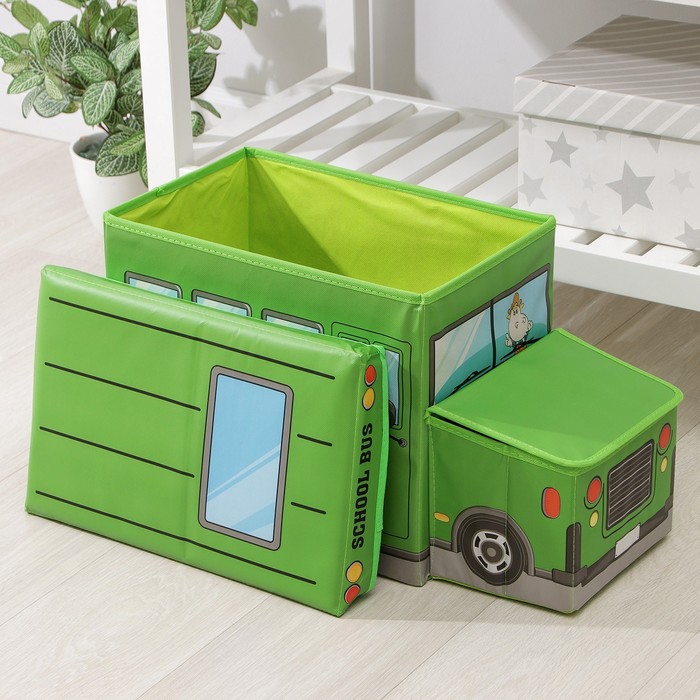 Короб стеллажный для хранения с крышкой Доляна «Школьный автобус», 55×26×32 см, 2 отделения, цвет зелёный - фото 1884732654