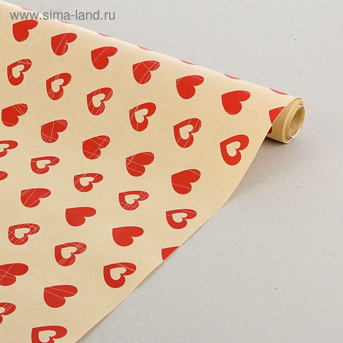 Бумага упаковочная крафт "Сердца красные", 0,7 х 10 м - Фото 1