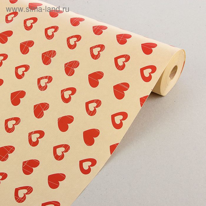 Бумага упаковочная крафт "Сердца красные", 0,7 х 60 м - Фото 1