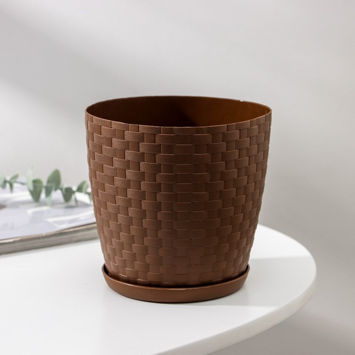 Горшок для цветов с поддоном «Ротанг», 1.2 л, d=13 см, h=12 см, пластиковый, коричневый - Фото 1