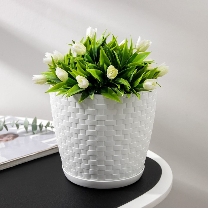 Горшок для цветов с поддоном «Ротанг», 3 л, цвет белый - Фото 1