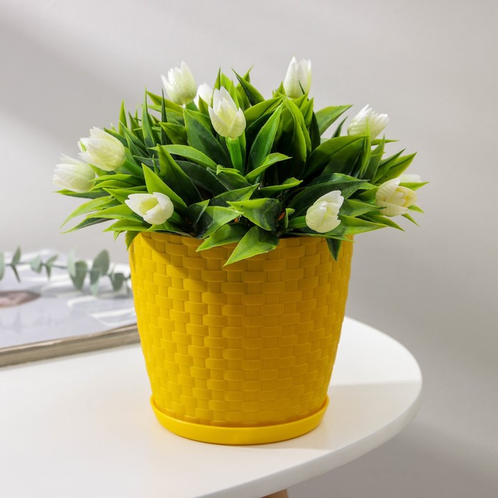 Горшок для цветов с поддоном «Ротанг», 1,2 л, цвет жёлтый - Фото 1