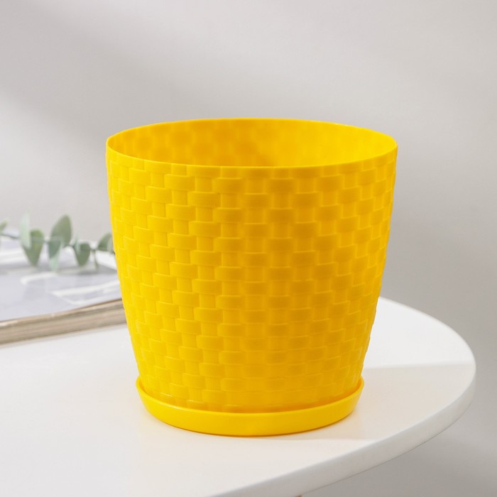 Горшок для цветов с поддоном «Ротанг», 1.2 л, d=13 см, h=12 см, пластиковый, жёлтый - Фото 1
