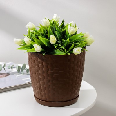 Горшок для цветов с поддоном «Ротанг», 2 л, d=15 см, h=15 см, пластиковый, коричневый