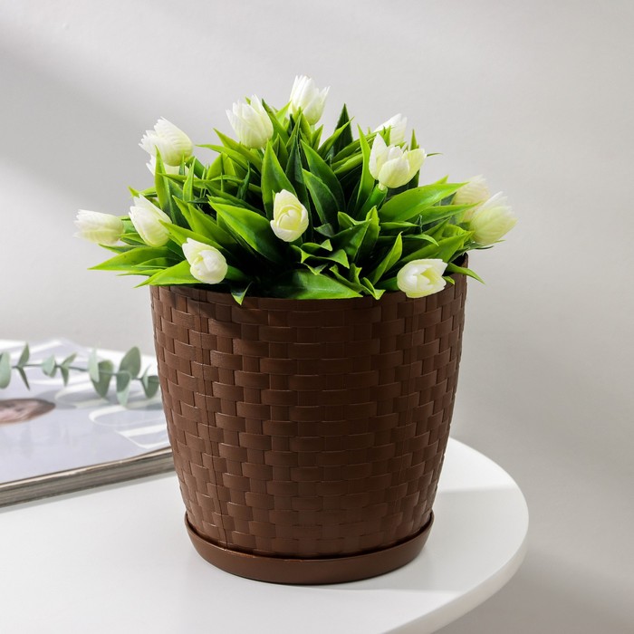 Горшок для цветов с поддоном «Ротанг», 2 л, d=15 см, h=15 см, пластиковый, коричневый - Фото 1